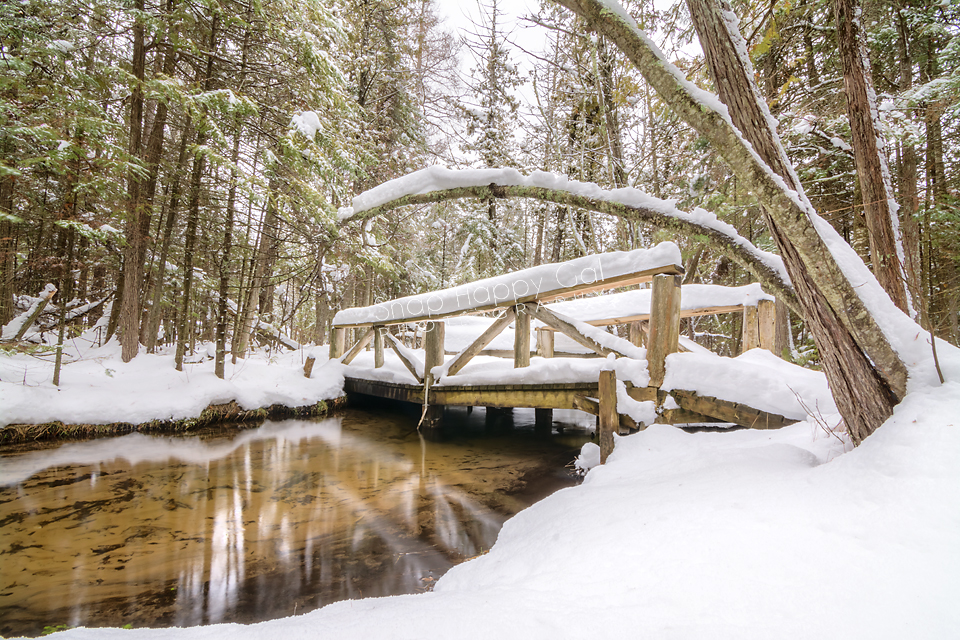 Photo: Snowy footbridge over creek - Grass River Natural Area